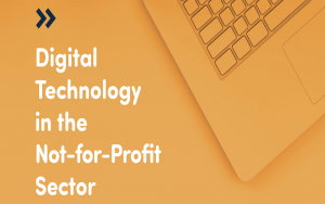 a dark yellow background with a laptop and header the heading says digital technology in the not for profit sector