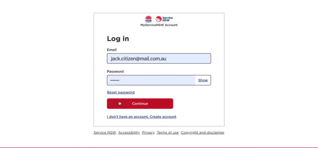 Screenshot from Service NSW Website
